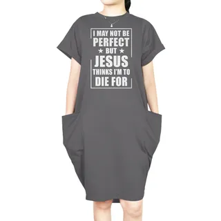 I'm Not Perfect Short Sleeve Loose Fit Pocket Dress – Grey