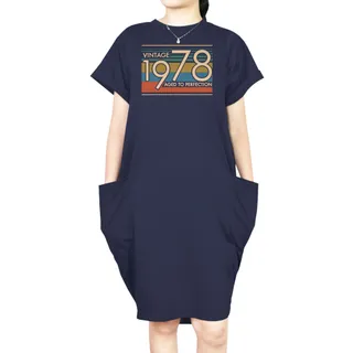 Aged Perfection 1978 Loose Short Sleeve Pocket On Dress – Blue
