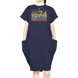Aged Perfection 1974 Loose Short Sleeve Pocket On Dress – Blue
