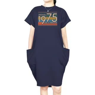 Aged Perfection 1975 Loose Short Sleeve Pocket On Dress – Blue