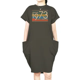 Aged Perfection 1973 Loose Short Sleeve Pocket On Dress – Green