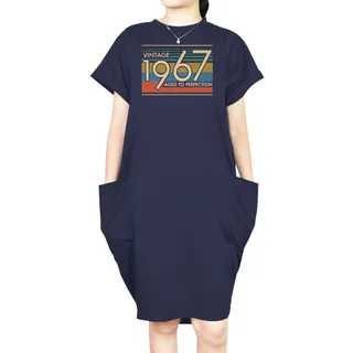 Aged Perfection 1967 Loose Short Sleeve Pocket On Dress – Blue