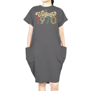 Premium Vintage 1970 Loose Short Sleeve Pocket On Dress – Grey