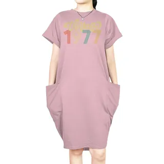 Premium Vintage 1977 Loose Short Sleeve Pocket On Dress – Pink