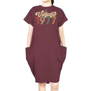 Premium Vintage 1977 Loose Short Sleeve Pocket On Dress – Red