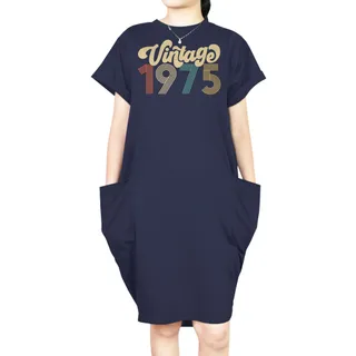 Premium Vintage 1975 Loose Short Sleeve Pocket On Dress – Blue