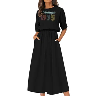 Vintage Edition 1975 Birthday Elastic Waist Dress – Black
