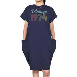 Vintage 1974 Short Sleeve Pocket On Dress – Blue