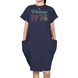 Vintage 1976 Short Sleeve Pocket On Dress – Blue