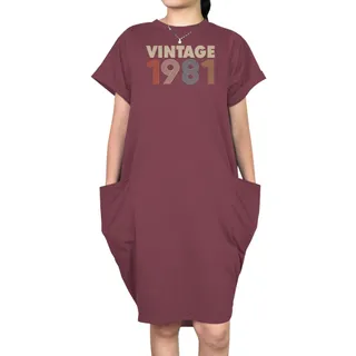 Vintage 1981 Loose Short Sleeve Pocket On Dress – Red