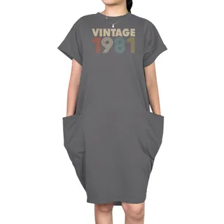 Vintage 1981 Loose Short Sleeve Pocket On Dress – Grey
