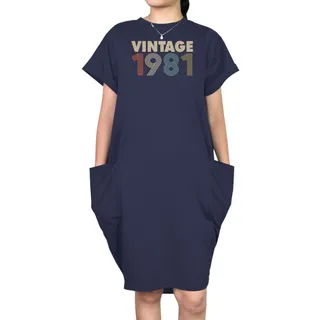 Vintage 1981 Loose Short Sleeve Pocket On Dress – Blue