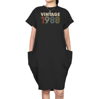 Vintage 1988 Loose Short Sleeve Pocket On Dress – Black