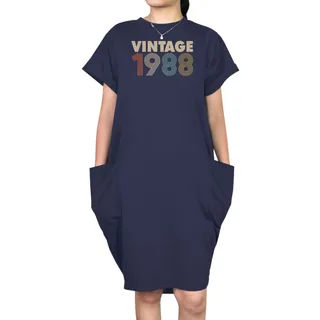 Vintage 1988 Loose Short Sleeve Pocket On Dress – Blue