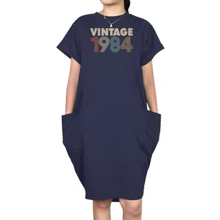 Vintage 1984 Loose Short Sleeve Pocket On Dress – Blue