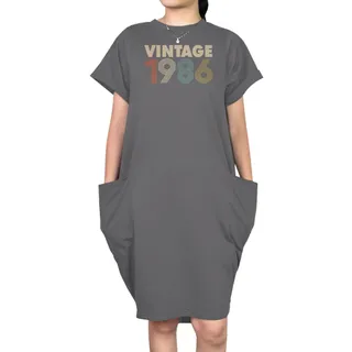Vintage 1986 Loose Short Sleeve Pocket On Dress – Grey