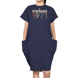 Vintage 1971 Loose Short Sleeve Pocket On Dress – Blue
