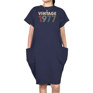 Vintage 1977 Loose Short Sleeve Pocket On Dress – Blue