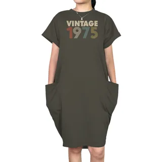 Vintage 1975 Loose Short Sleeve Pocket On Dress – Green