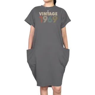 Vintage 1969 Loose Short Sleeve Pocket On Dress – Grey