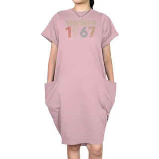 Vintage 1967 Loose Short Sleeve Pocket On Dress – Pink