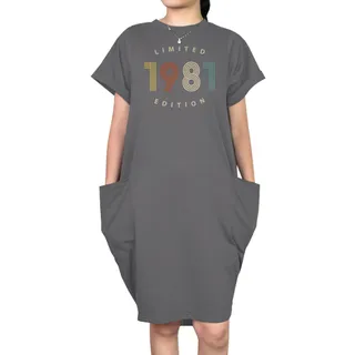 Limited Edition 1981 Loose Short Sleeve Pocket On Dress – Grey