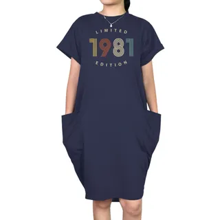 Limited Edition 1981 Loose Short Sleeve Pocket On Dress – Blue