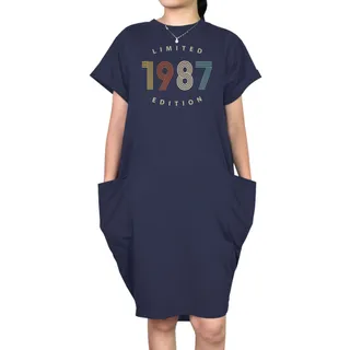 Limited Edition 1987 Loose Short Sleeve Pocket On Dress – Blue