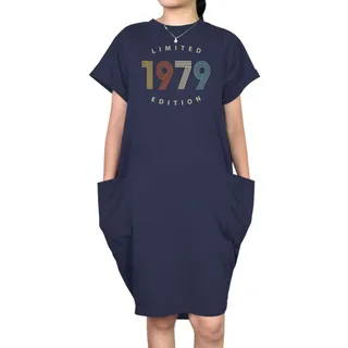 Limited Edition 1979 Loose Short Sleeve Pocket On Dress – Blue