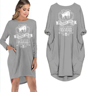 Heart On Her Sleeve Taurus Girl Loose Pocket On Dress – Grey