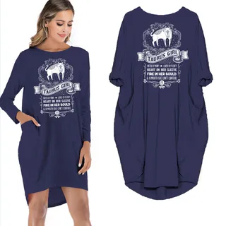 Heart On Her Sleeve Taurus Girl Loose Pocket On Dress – Blue