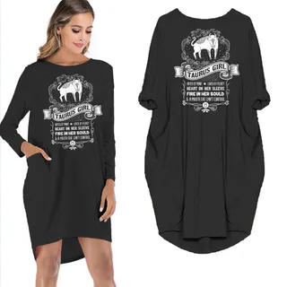 Heart On Her Sleeve Taurus Girl Loose Pocket On Dress – Black