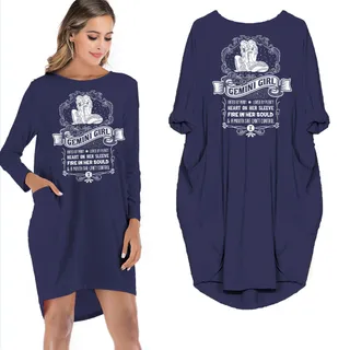 Heart On Her Sleeve Gemini Girl Loose Pocket On Dress – Blue