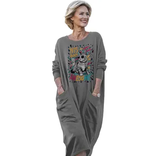 Cool Cat 1975 Birthday Pocket Dress – Grey