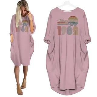 Flying Birds Vintage 1982 Birthday Pocket Dress – Pink
