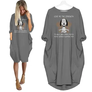 Snoopy Print Pocket Dress Funny Saying For Dog Lovers – Grey
