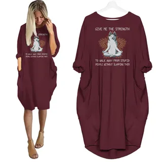 Siberian Husky Print Pocket Dress Funny Saying For Dog Lovers – Red