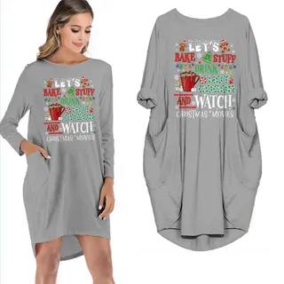 Drink Hot Cocoa And Watch Christmas Movies Pocket Dress – Grey