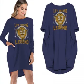Life Begins 50 Born In 1969 The Year Of The Legend Limited Edition Pocket Dress – Blue
