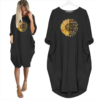 In A World Full Of Roses Be A Sunflower T-shirt Pocket Dress – Black