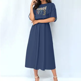 Limited 1973 Birthday Women's Elastic Waist Dress – Navy