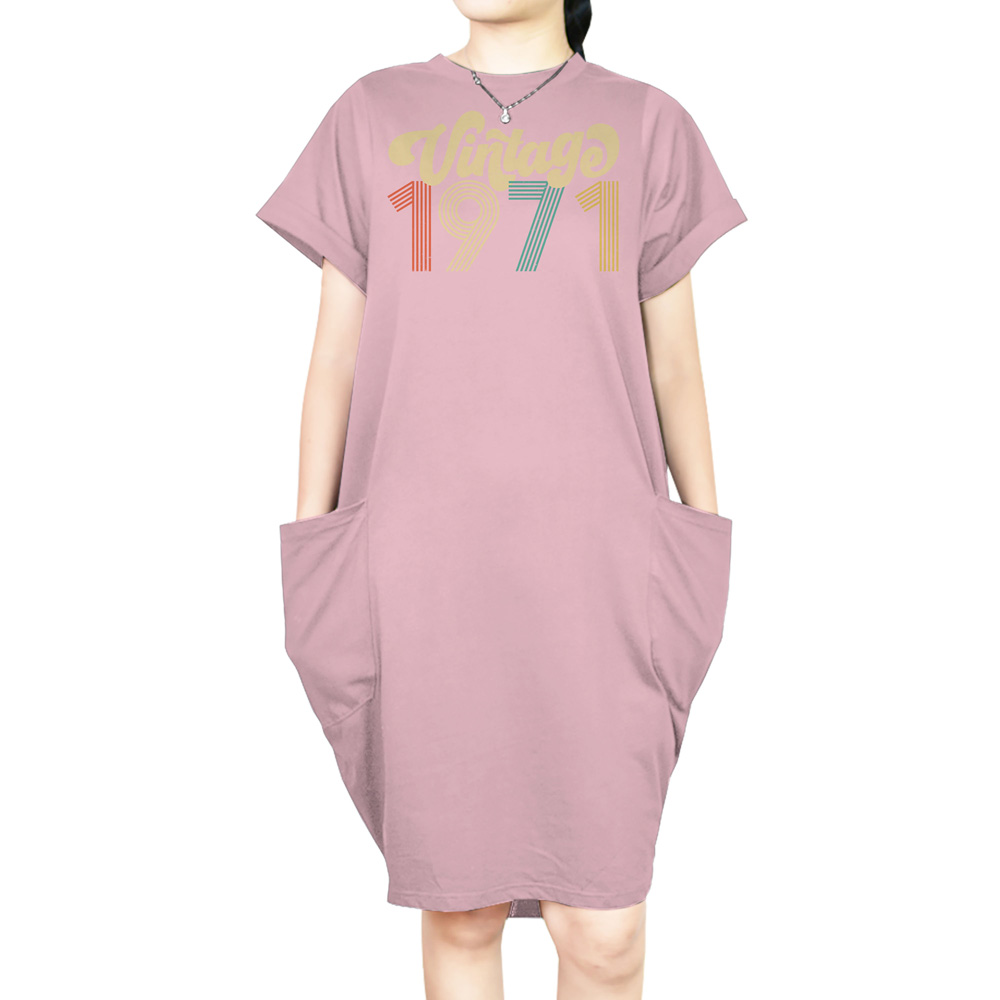 Premium Vintage 1971 Loose Short Sleeve Pocket On Dress