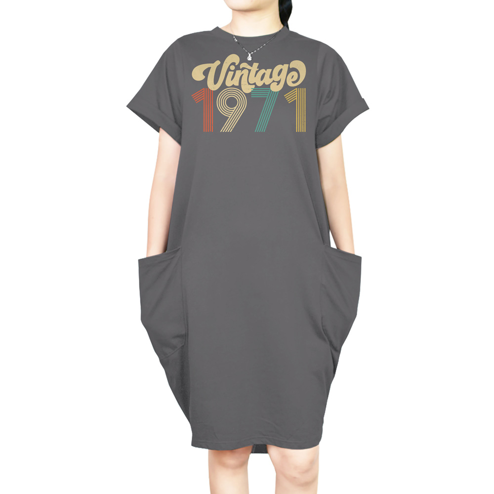 Premium Vintage 1971 Loose Short Sleeve Pocket On Dress