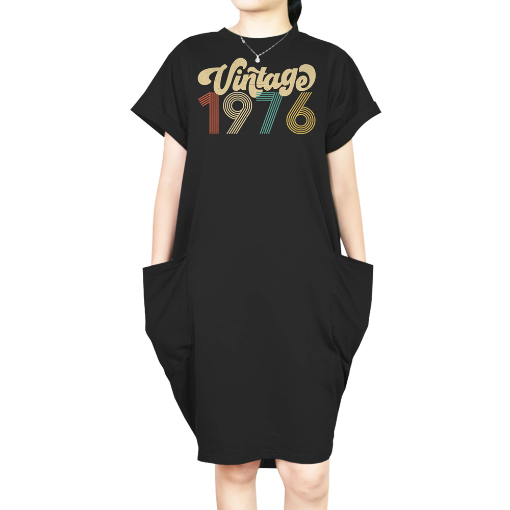 Premium Vintage 1976 Loose Short Sleeve Pocket On Dress