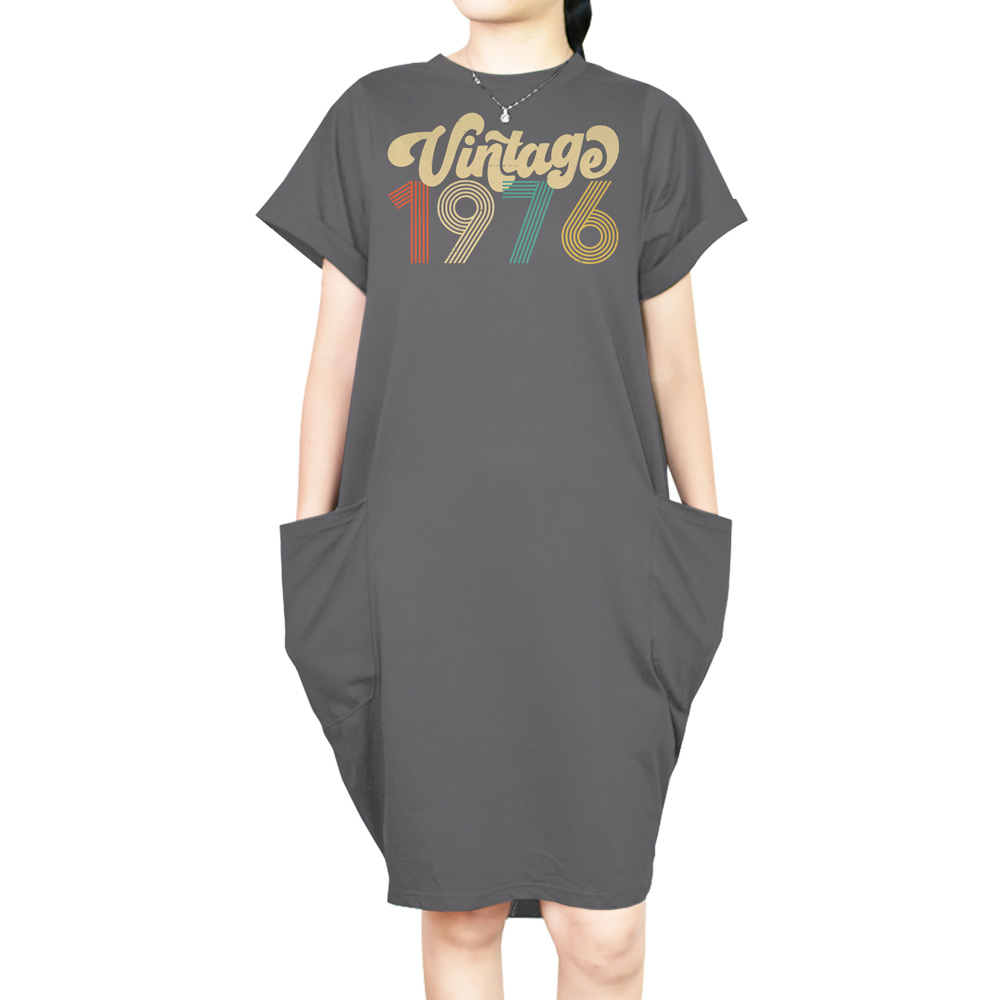 Premium Vintage 1976 Loose Short Sleeve Pocket On Dress