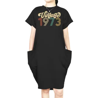 Premium Vintage 1973 Loose Short Sleeve Pocket On Dress