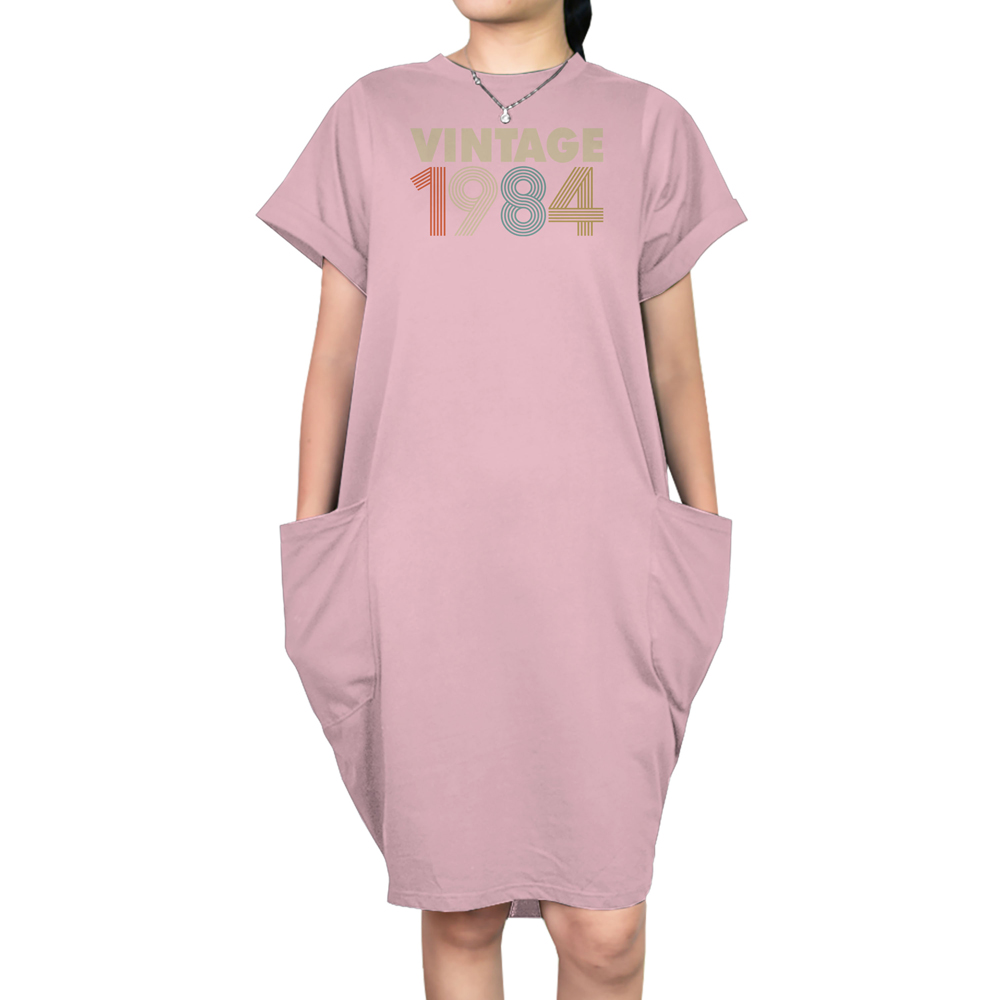 Vintage 1984 Loose Short Sleeve Pocket On Dress