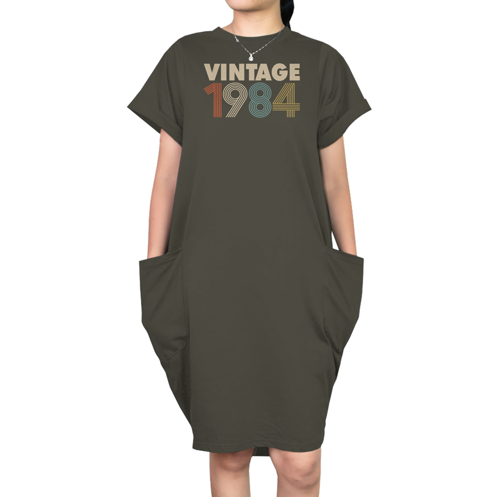 Vintage 1984 Loose Short Sleeve Pocket On Dress