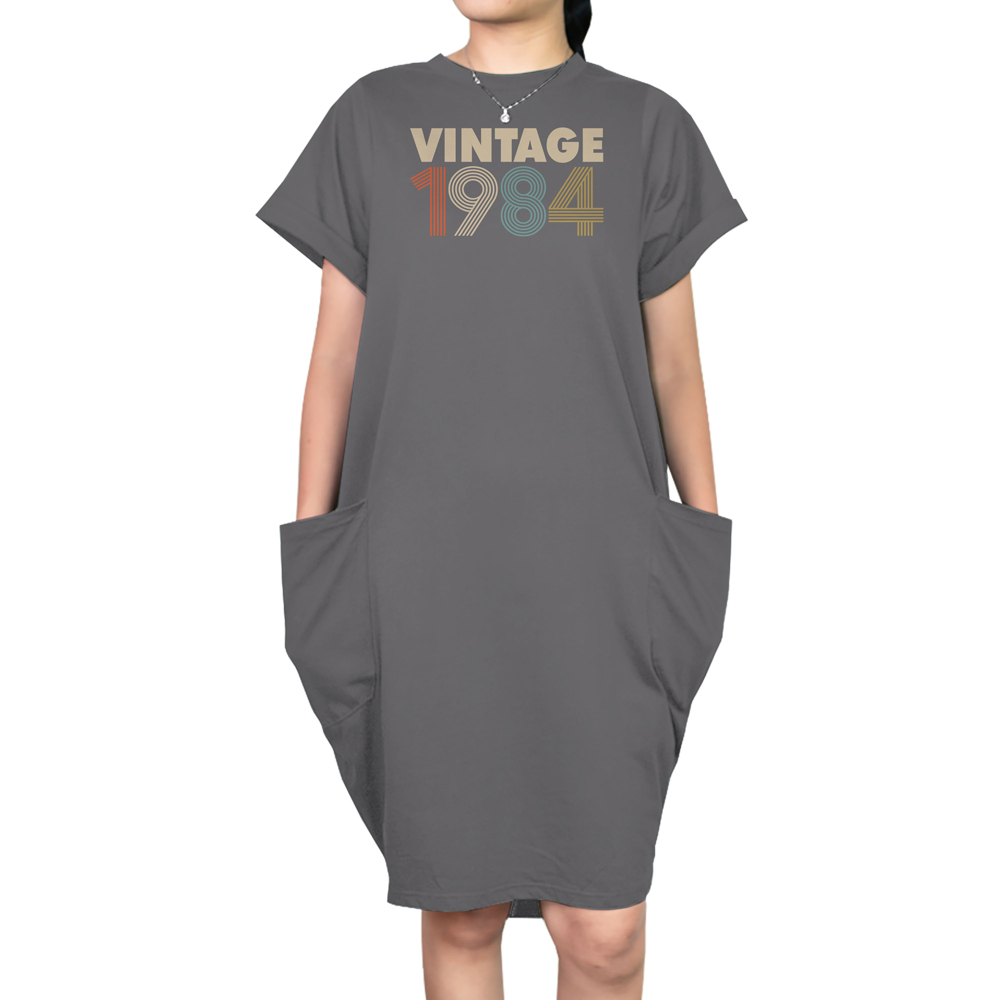 Vintage 1984 Loose Short Sleeve Pocket On Dress