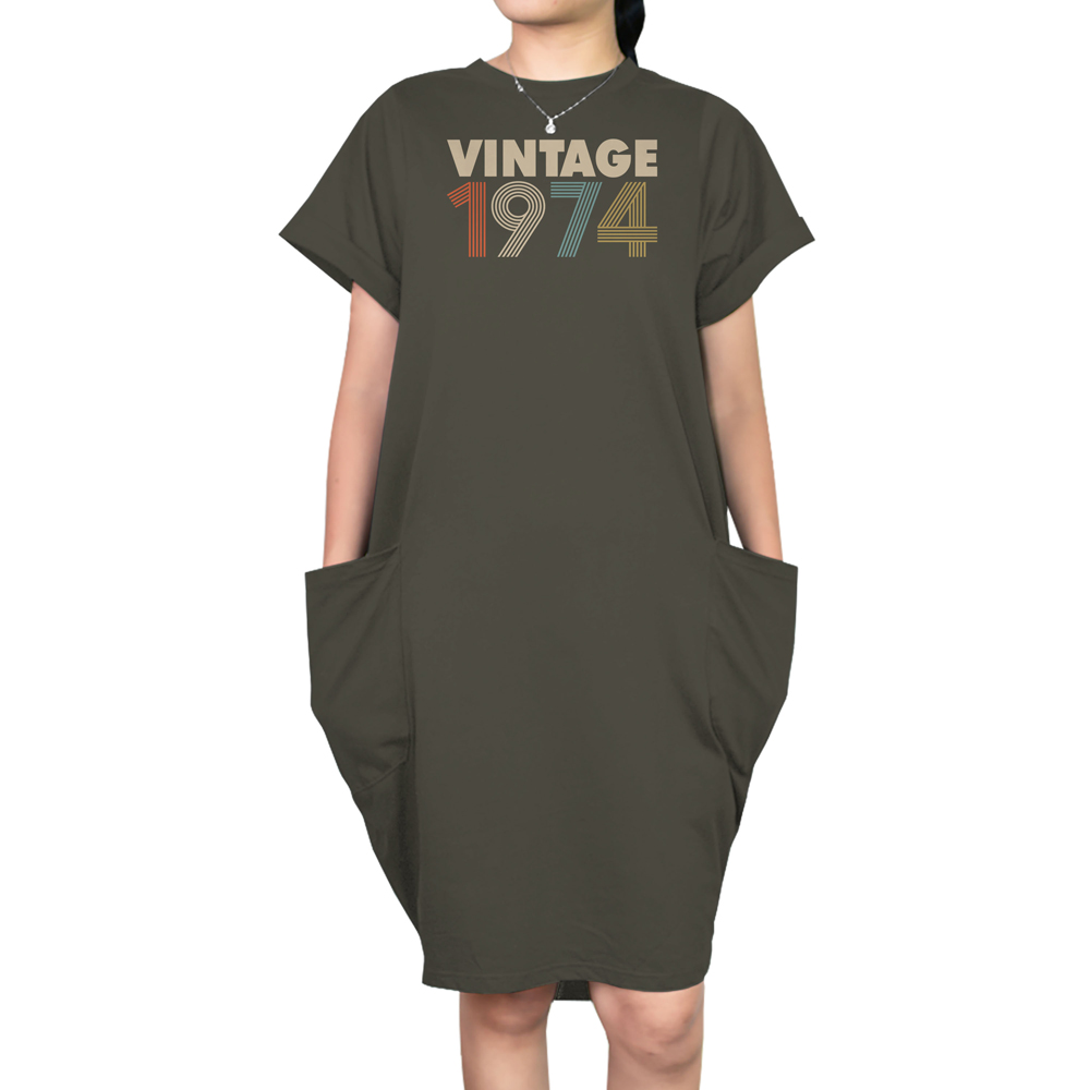 Vintage 1974 Loose Short Sleeve Pocket On Dress